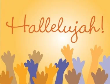 混合膚色的手在溫暖、閃耀的背景中舉起慶祝，背景上有「哈利路亞！」的字樣。